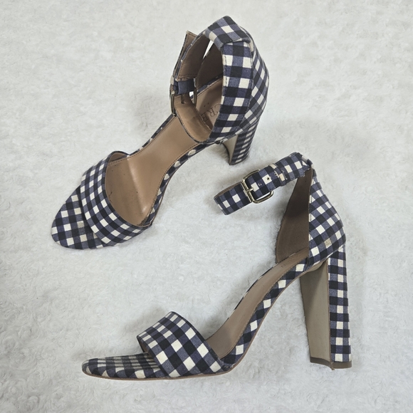 J. Crew Factory Shoes - J Crew Gingham Heels Retro Chunky Ankle Strap Blue White Plaid